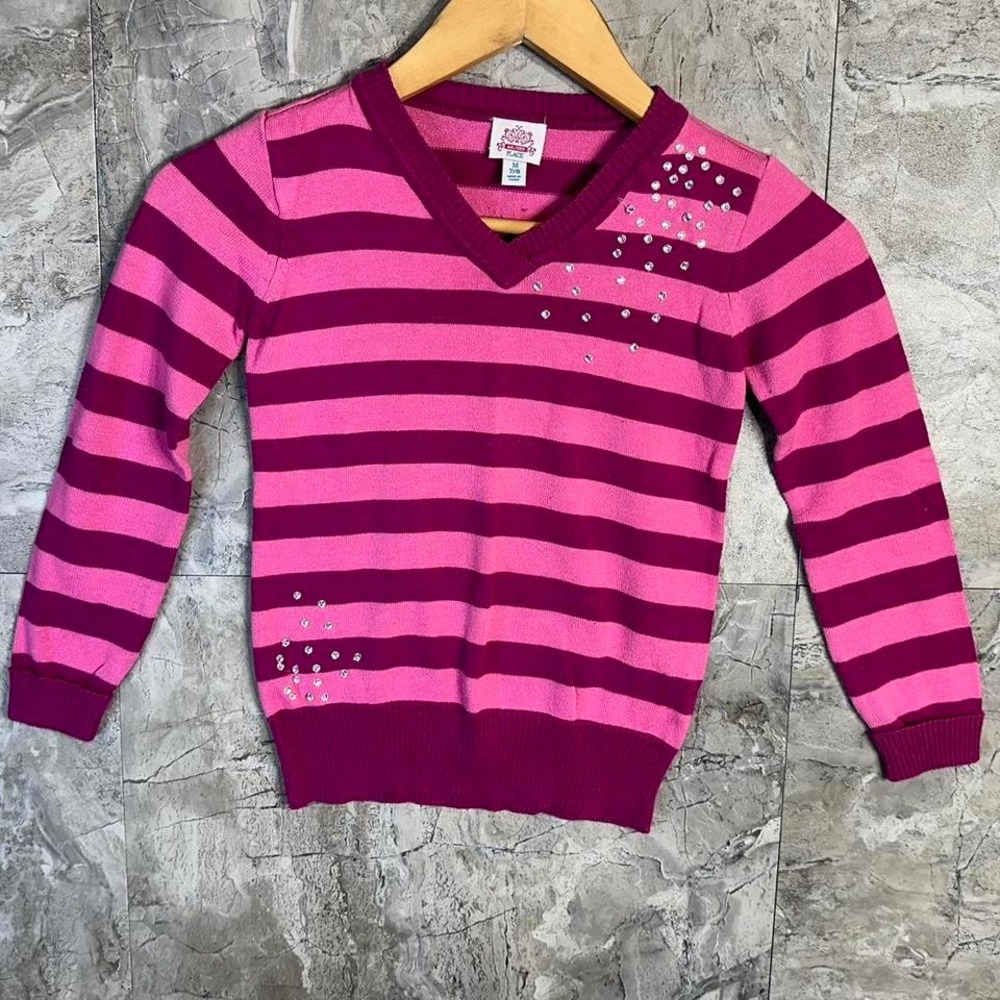 Pink and purple striped sweater with‎ rhinestone details Kids Medium 7-8